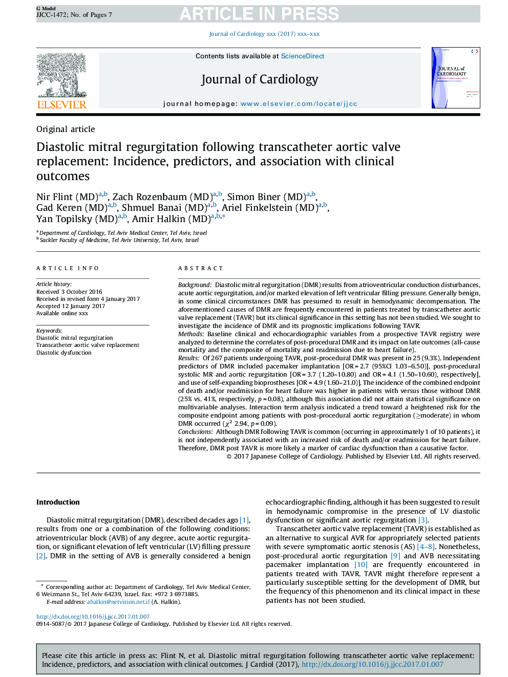 Diastolic mitral regurgitation following transcatheter aortic valve replacement: Incidence, predictors, and association with clinical outcomes