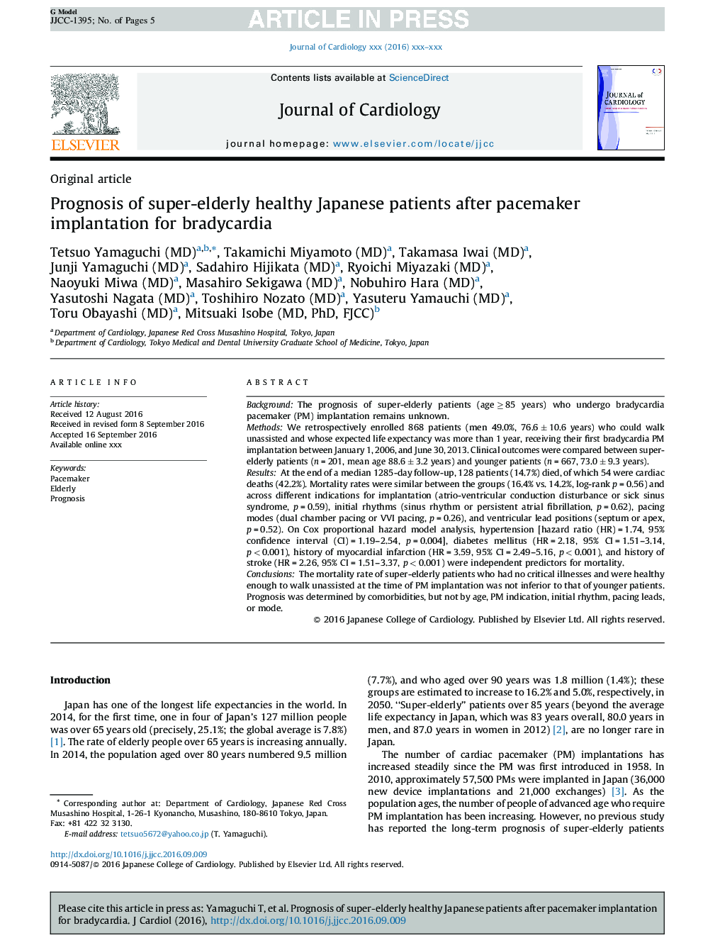 Prognosis of super-elderly healthy Japanese patients after pacemaker implantation for bradycardia