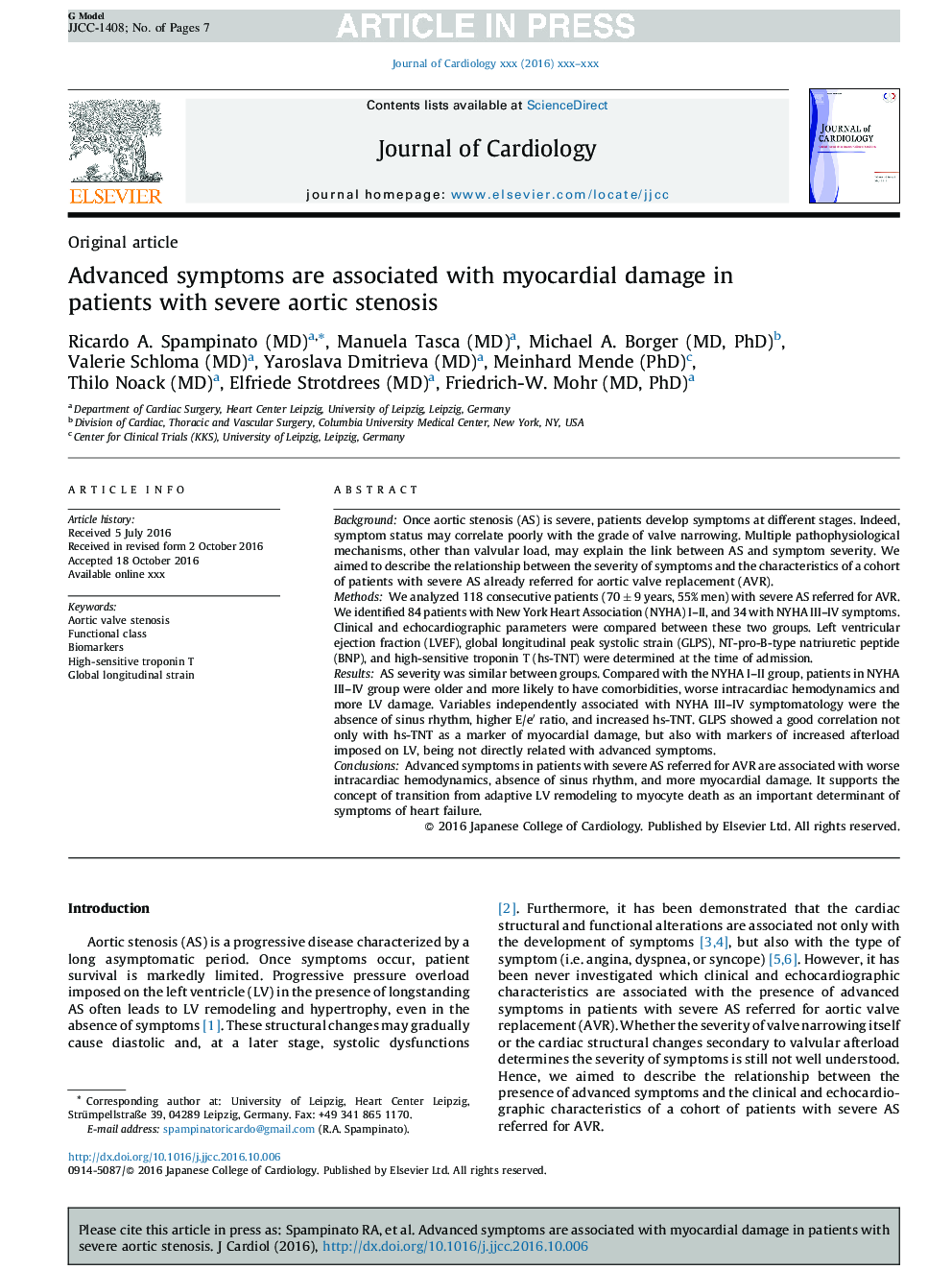 Advanced symptoms are associated with myocardial damage in patients with severe aortic stenosis