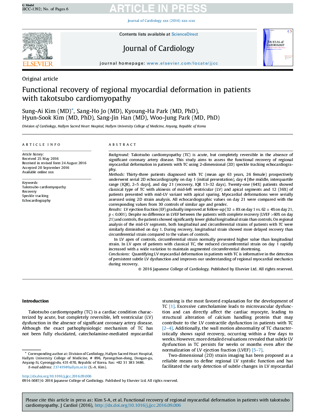 Functional recovery of regional myocardial deformation in patients with takotsubo cardiomyopathy