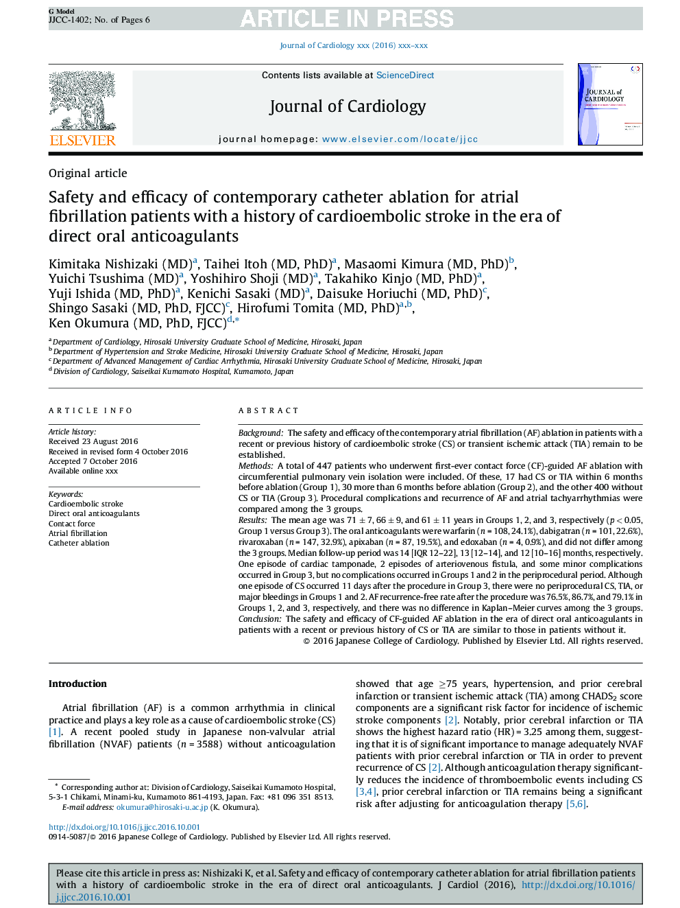 Safety and efficacy of contemporary catheter ablation for atrial fibrillation patients with a history of cardioembolic stroke in the era of direct oral anticoagulants