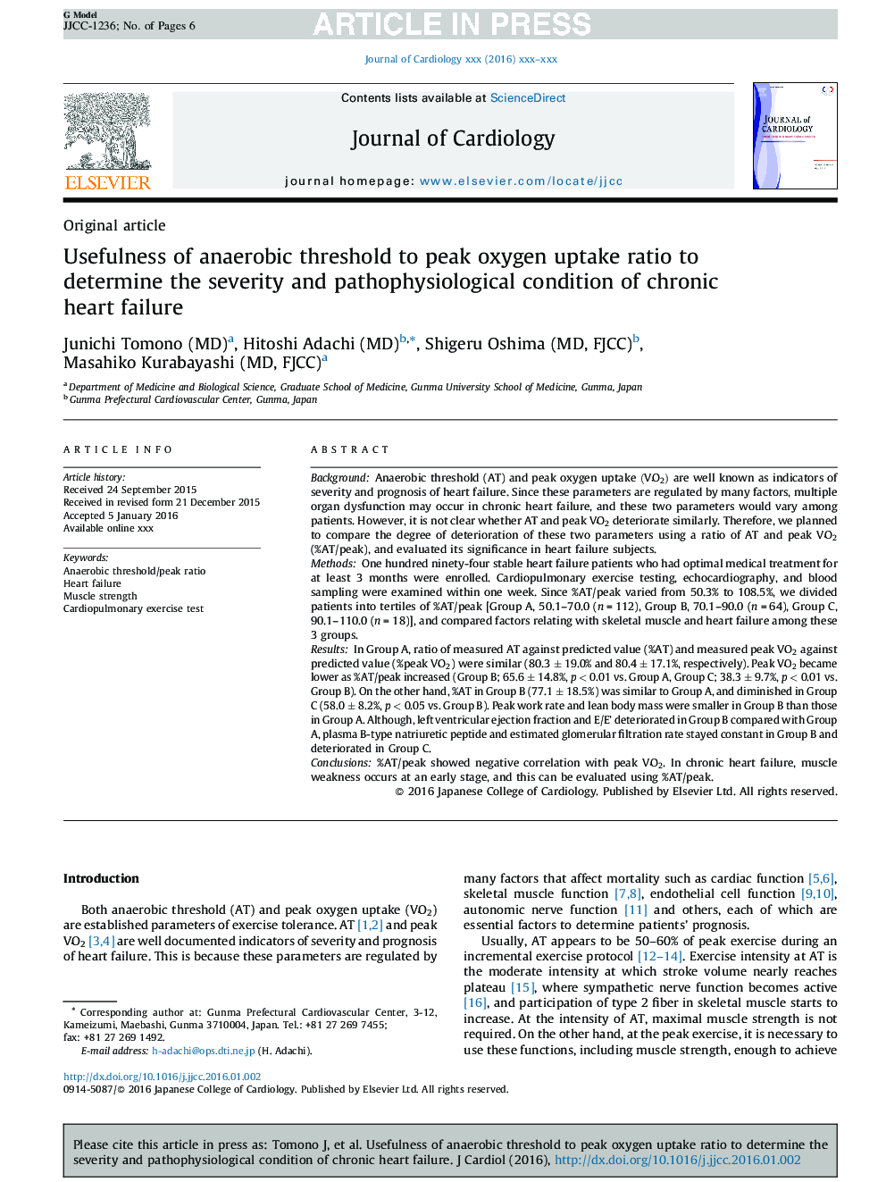 Usefulness of anaerobic threshold to peak oxygen uptake ratio to determine the severity and pathophysiological condition of chronic heart failure