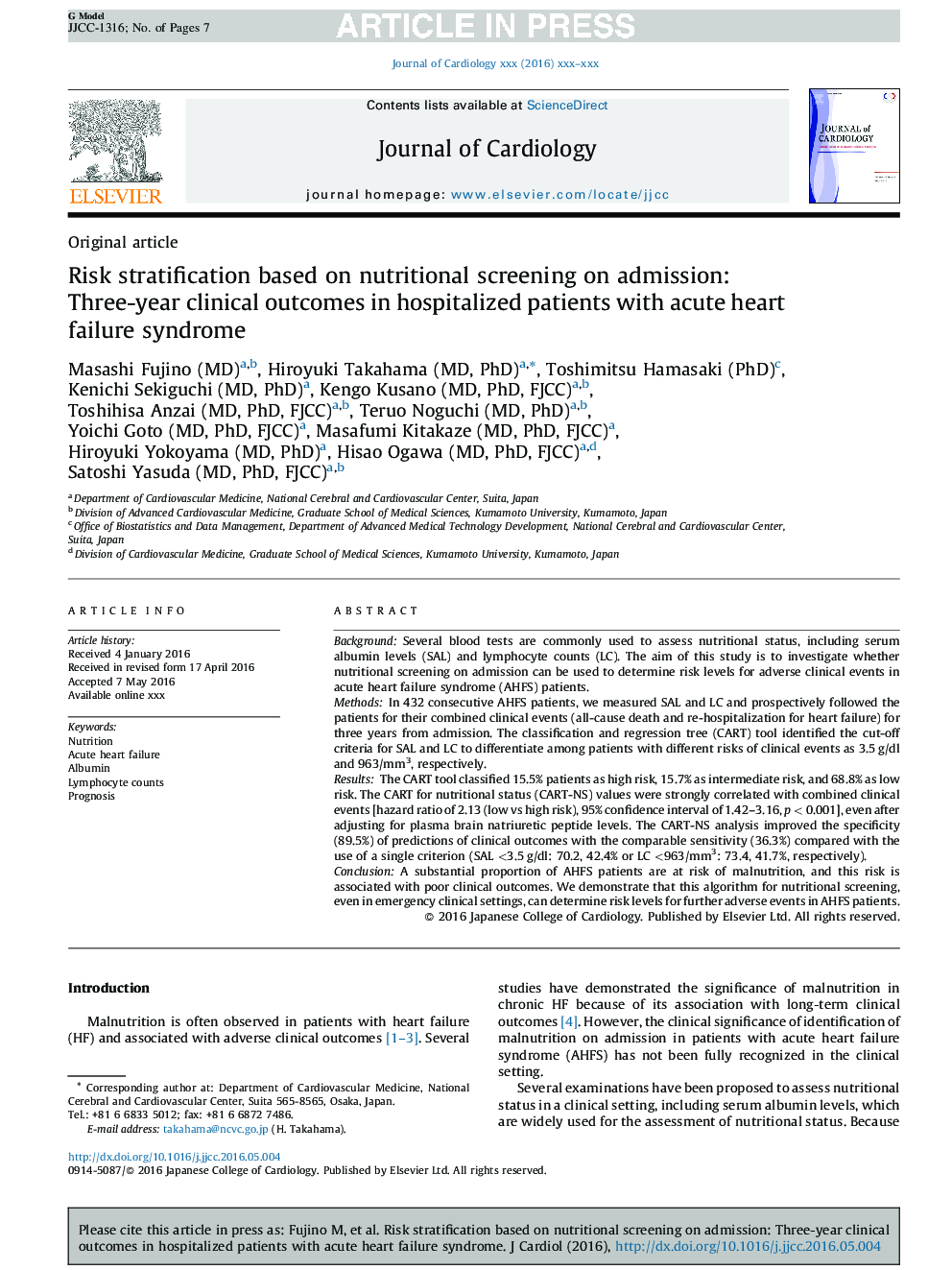 Risk stratification based on nutritional screening on admission: Three-year clinical outcomes in hospitalized patients with acute heart failure syndrome