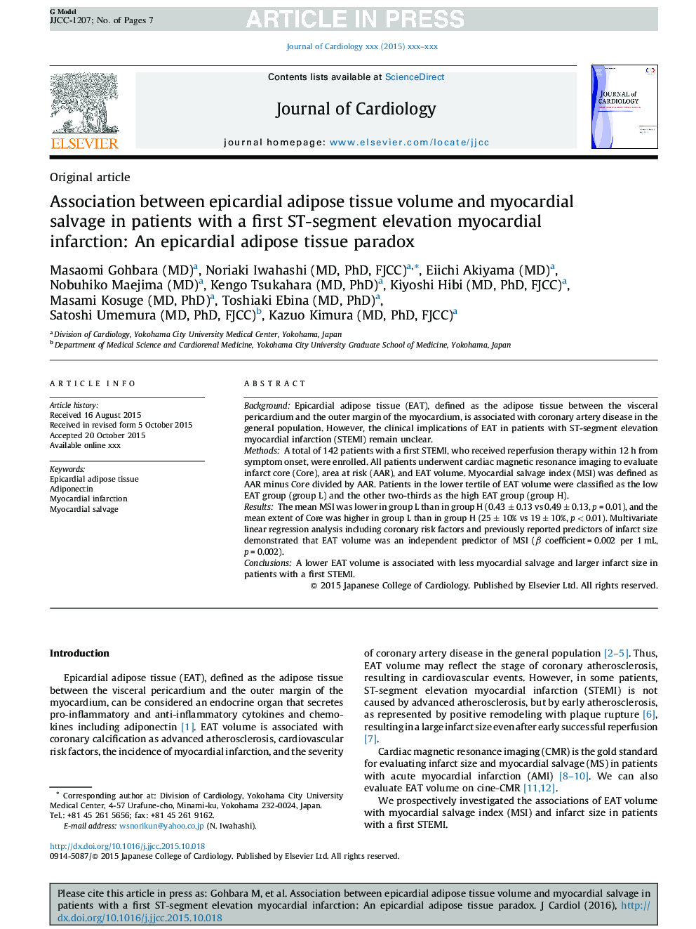 Association between epicardial adipose tissue volume and myocardial salvage in patients with a first ST-segment elevation myocardial infarction: An epicardial adipose tissue paradox