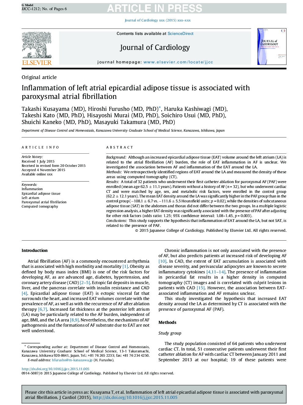 Inflammation of left atrial epicardial adipose tissue is associated with paroxysmal atrial fibrillation