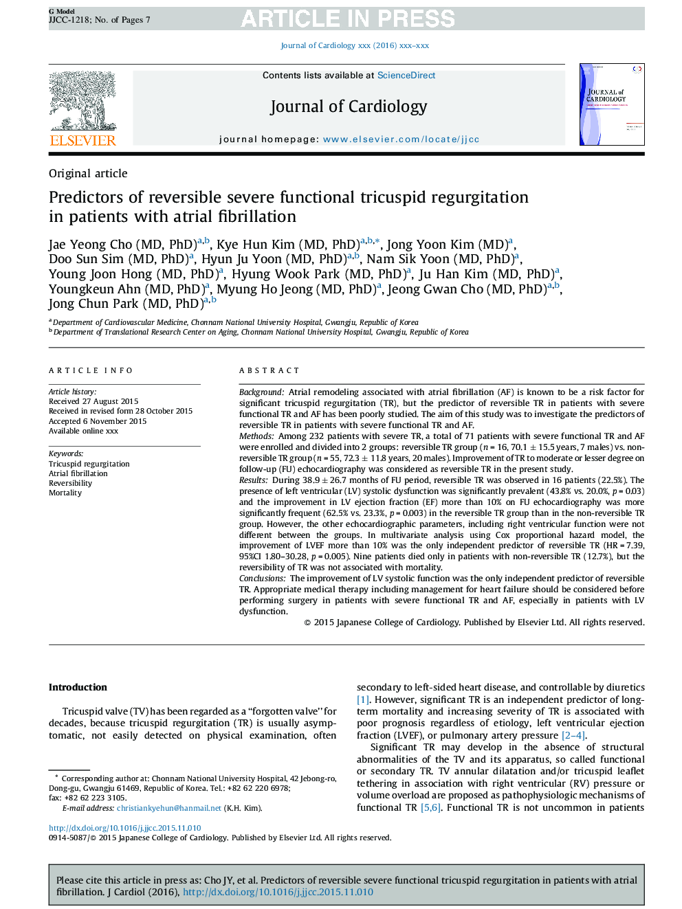 Predictors of reversible severe functional tricuspid regurgitation in patients with atrial fibrillation