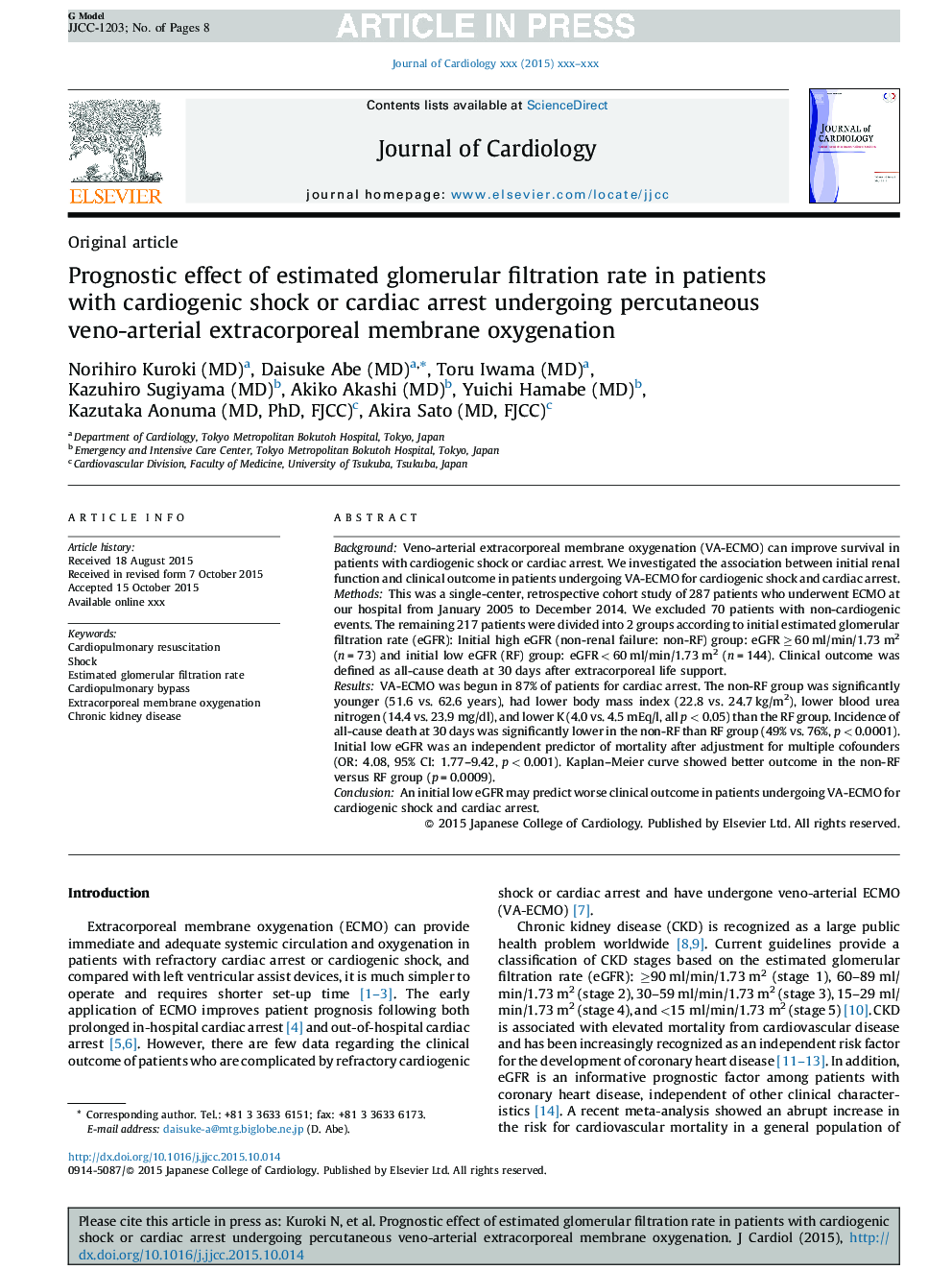 Prognostic effect of estimated glomerular filtration rate in patients with cardiogenic shock or cardiac arrest undergoing percutaneous veno-arterial extracorporeal membrane oxygenation