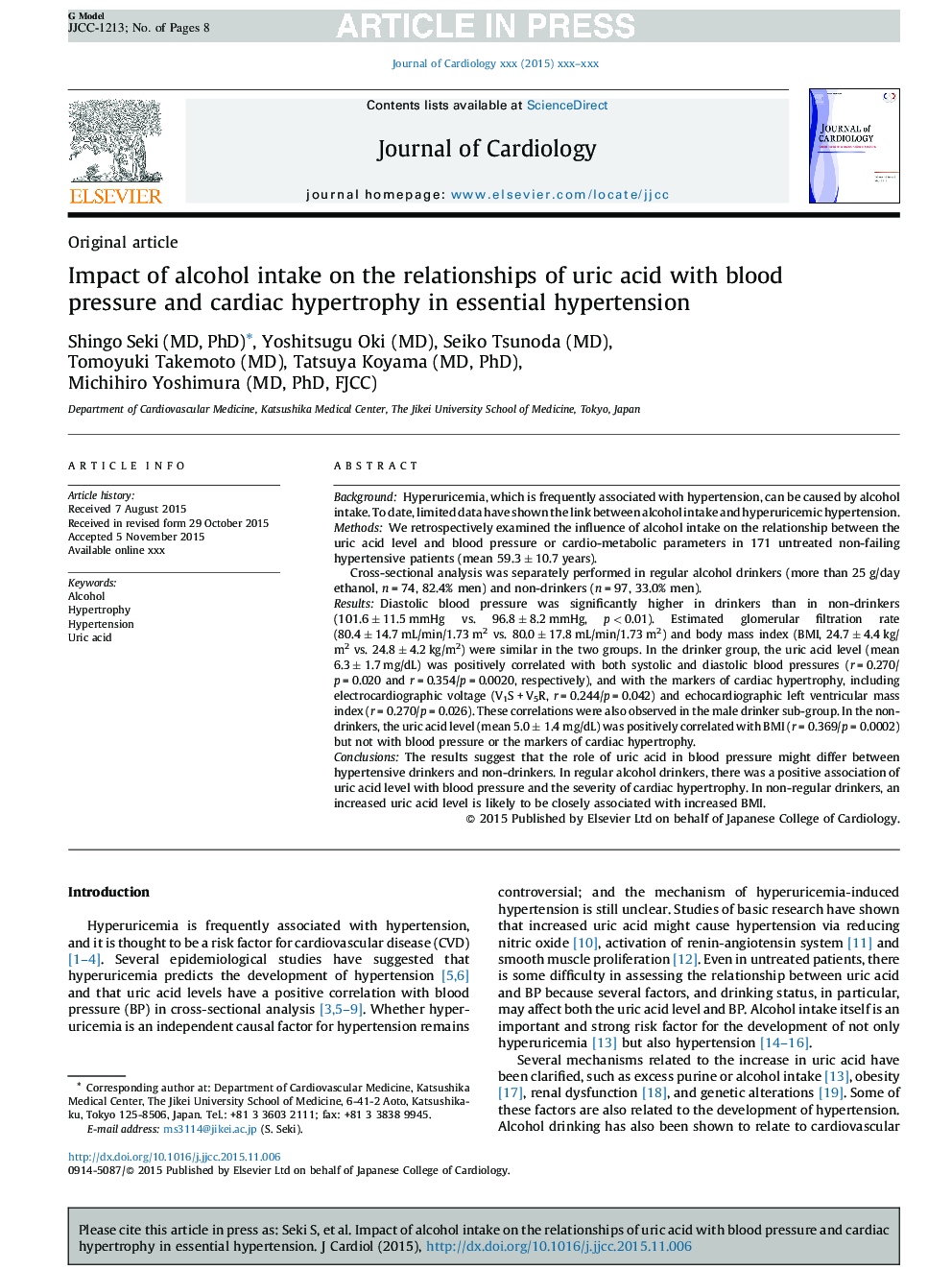 Impact of alcohol intake on the relationships of uric acid with blood pressure and cardiac hypertrophy in essential hypertension