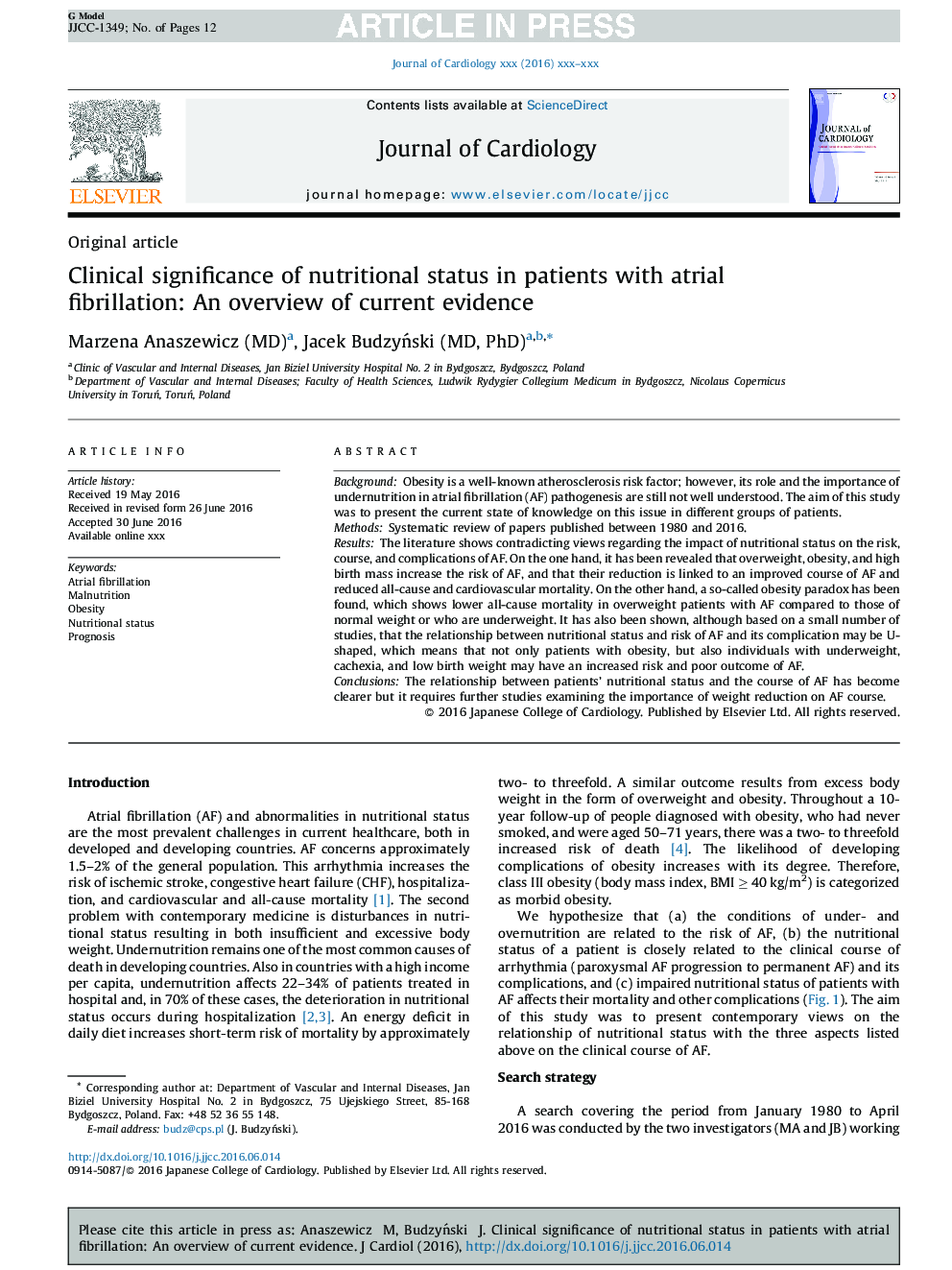 Clinical significance of nutritional status in patients with atrial fibrillation: An overview of current evidence