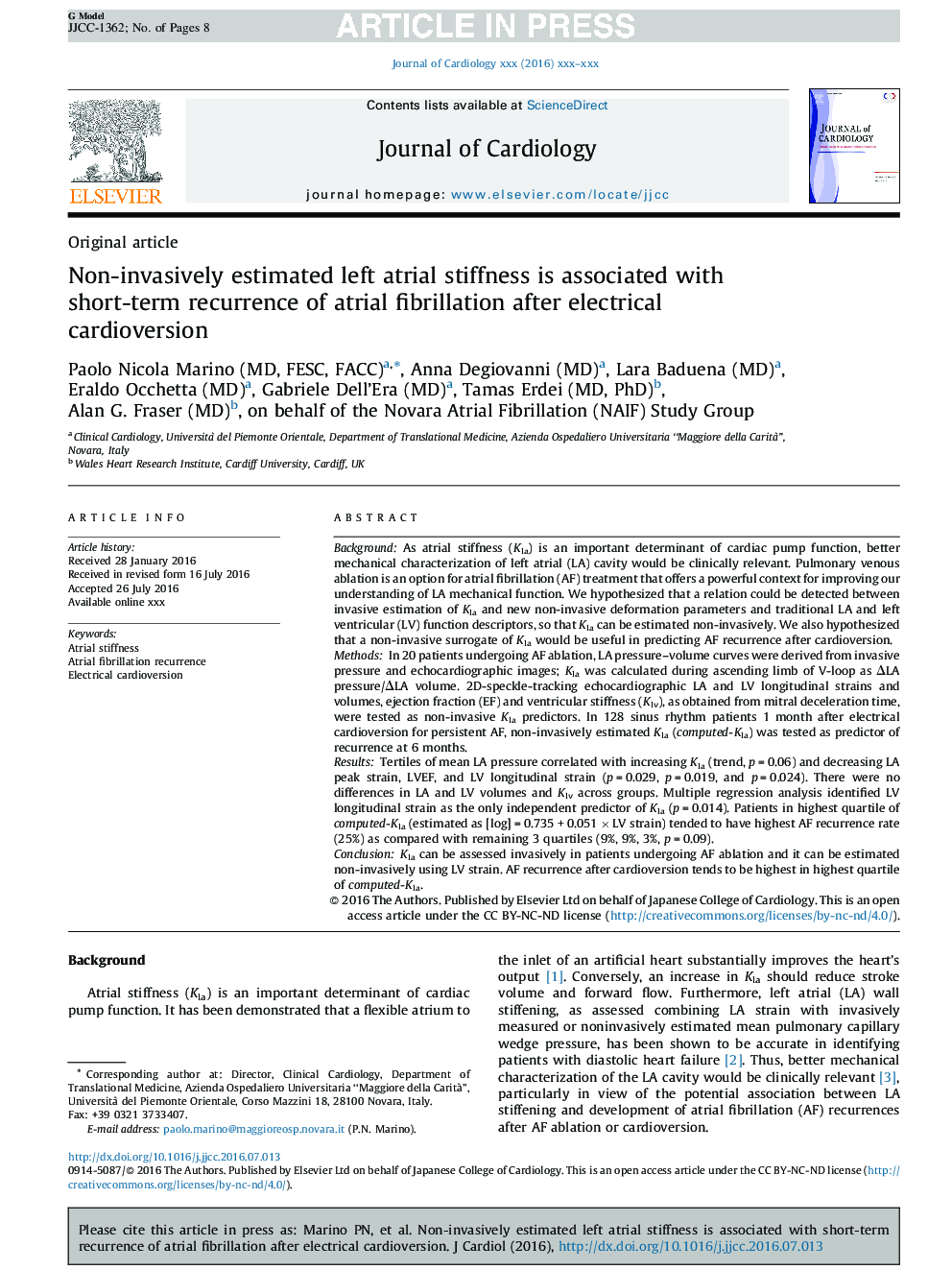 Non-invasively estimated left atrial stiffness is associated with short-term recurrence of atrial fibrillation after electrical cardioversion