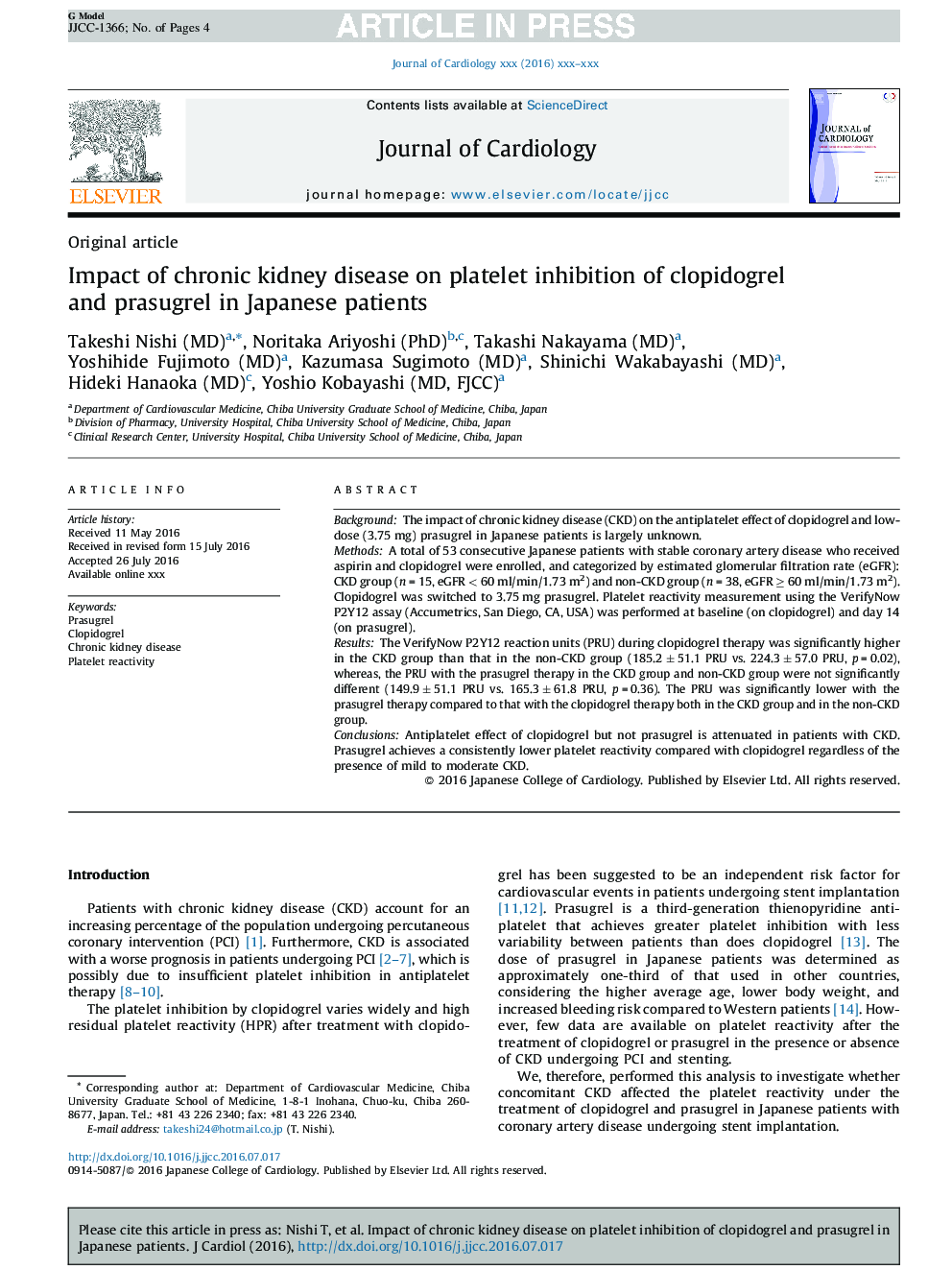 Impact of chronic kidney disease on platelet inhibition of clopidogrel and prasugrel in Japanese patients