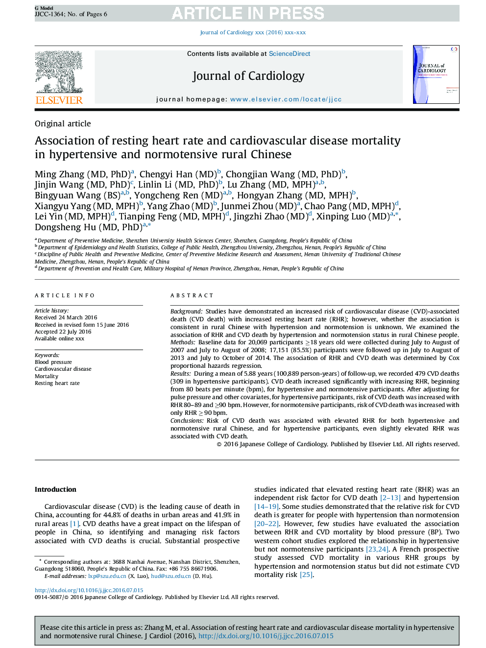 Association of resting heart rate and cardiovascular disease mortality in hypertensive and normotensive rural Chinese
