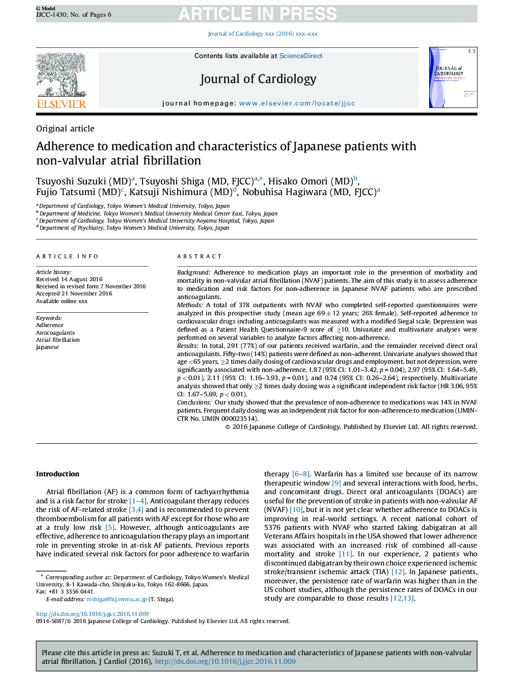 Adherence to medication and characteristics of Japanese patients with non-valvular atrial fibrillation