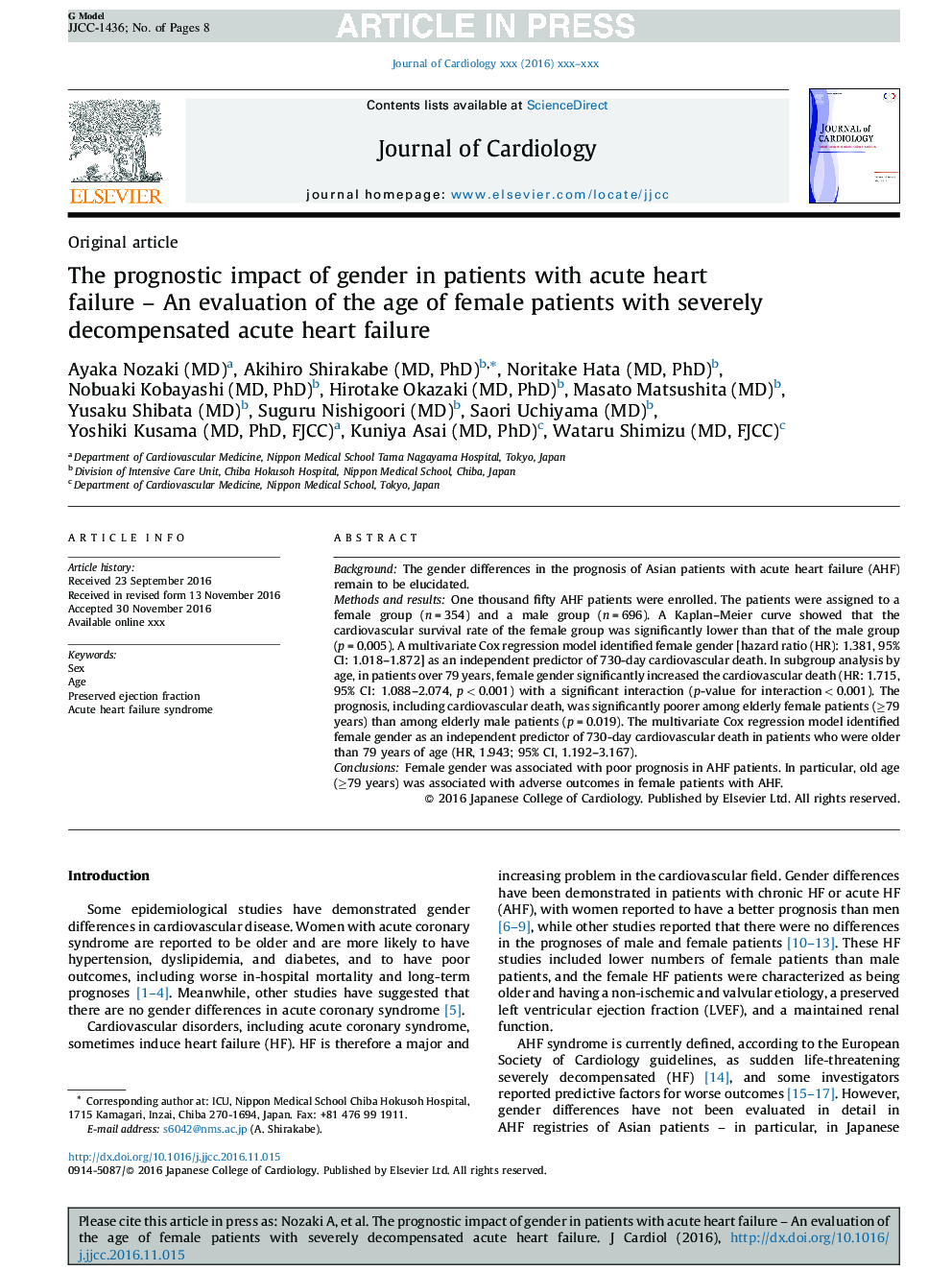 The prognostic impact of gender in patients with acute heart failure - An evaluation of the age of female patients with severely decompensated acute heart failure