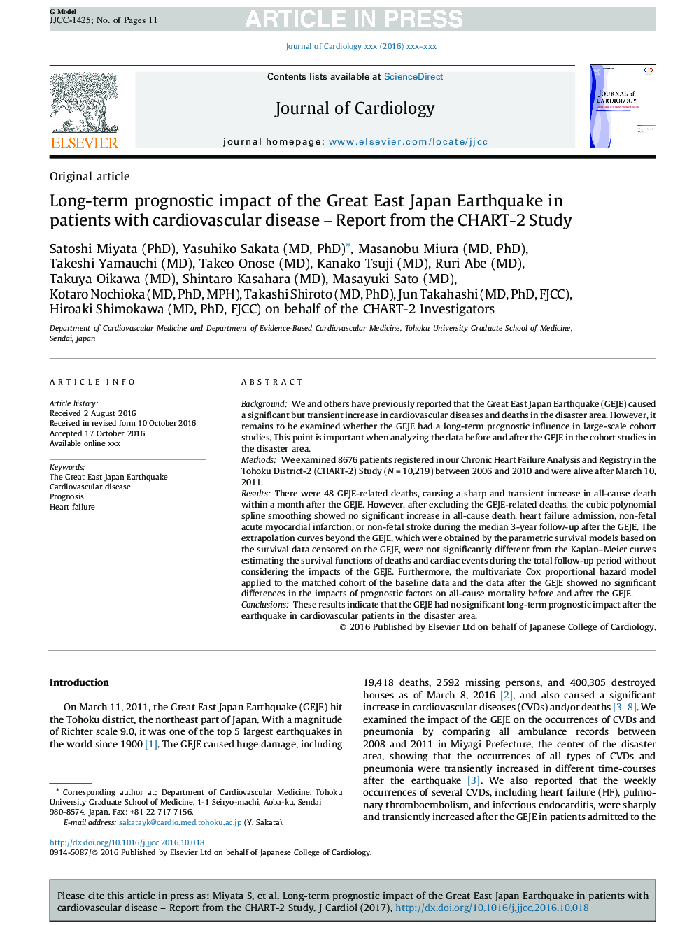 Long-term prognostic impact of the Great East Japan Earthquake in patients with cardiovascular disease - Report from the CHART-2 Study