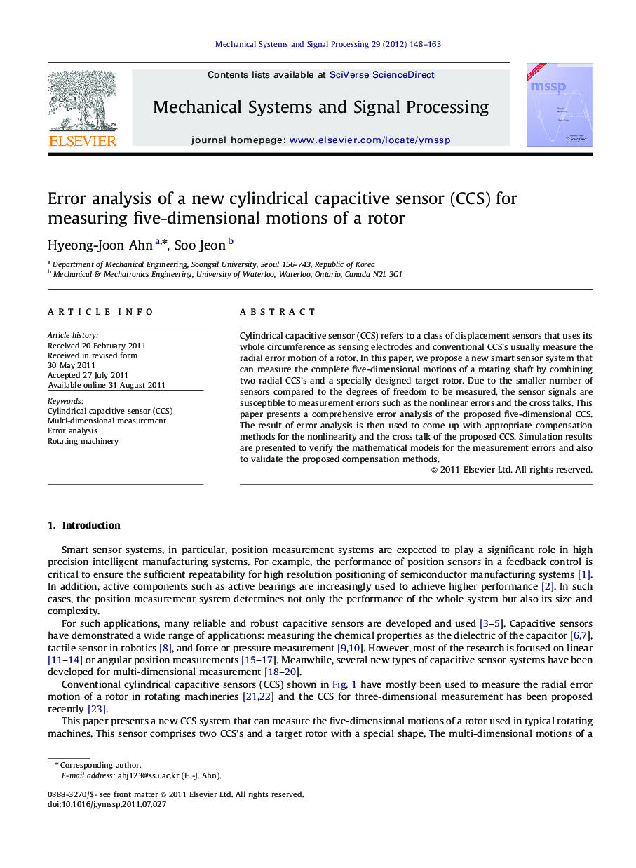 Error analysis of a new cylindrical capacitive sensor (CCS) for measuring five-dimensional motions of a rotor