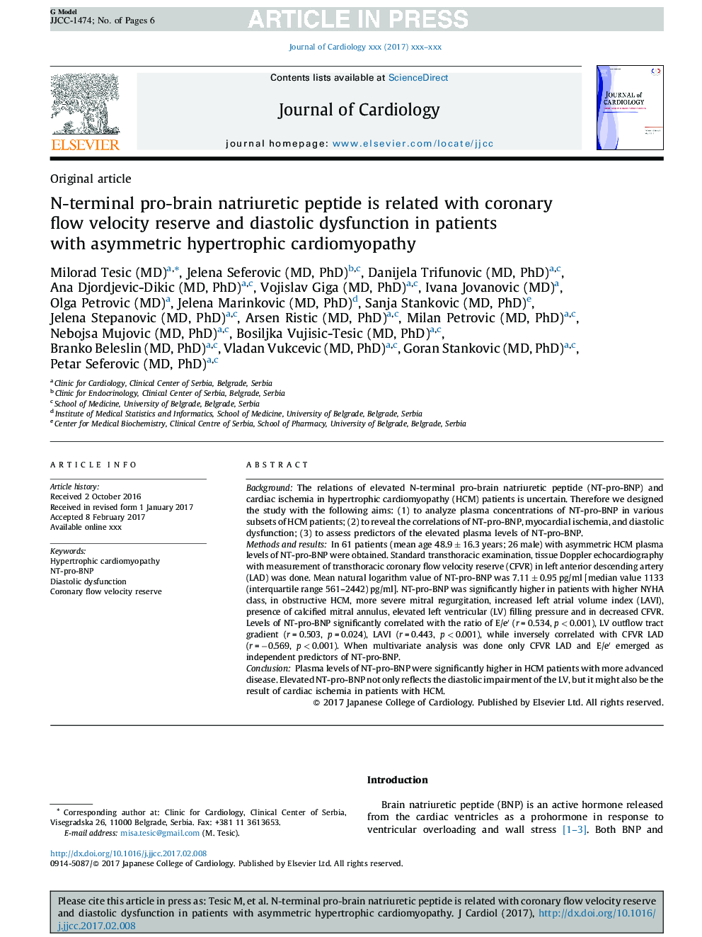 N-terminal pro-brain natriuretic peptide is related with coronary flow velocity reserve and diastolic dysfunction in patients with asymmetric hypertrophic cardiomyopathy