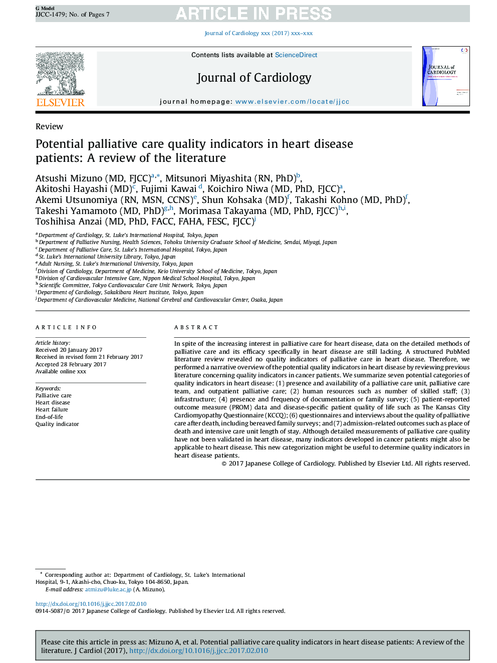 Potential palliative care quality indicators in heart disease patients: A review of the literature