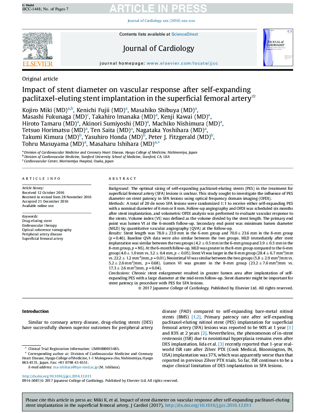 Impact of stent diameter on vascular response after self-expanding paclitaxel-eluting stent implantation in the superficial femoral artery