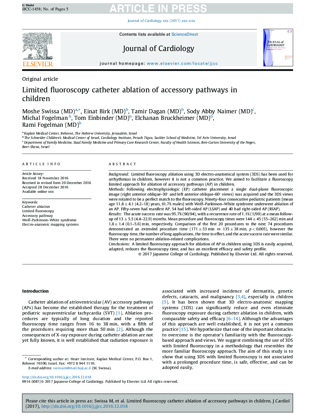 Limited fluoroscopy catheter ablation of accessory pathways in children
