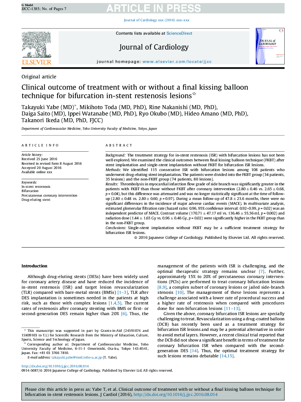 Clinical outcome of treatment with or without a final kissing balloon technique for bifurcation in-stent restenosis lesions