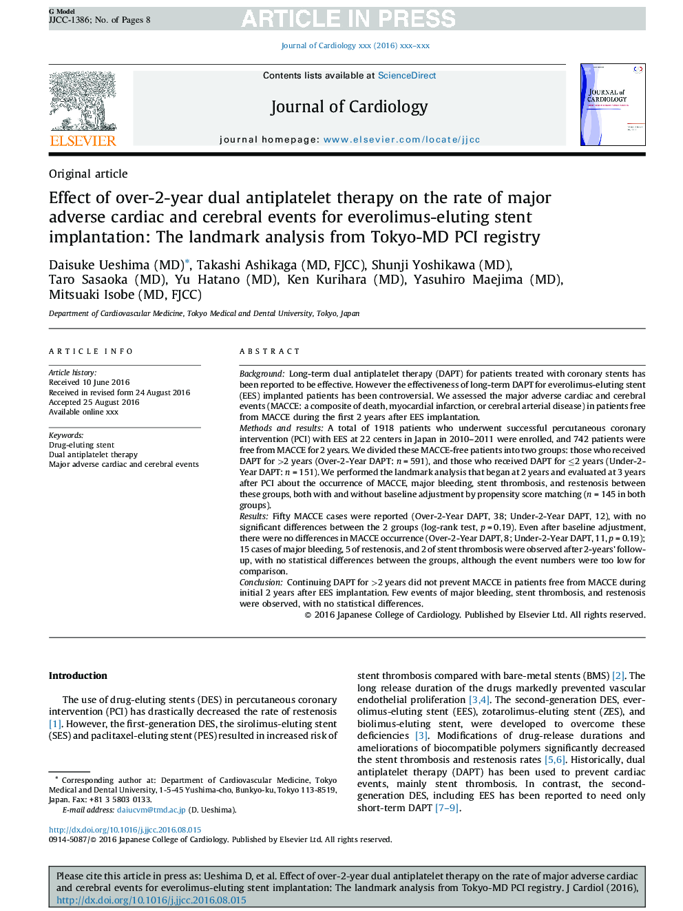 Effect of over-2-year dual antiplatelet therapy on the rate of major adverse cardiac and cerebral events for everolimus-eluting stent implantation: The landmark analysis from Tokyo-MD PCI registry