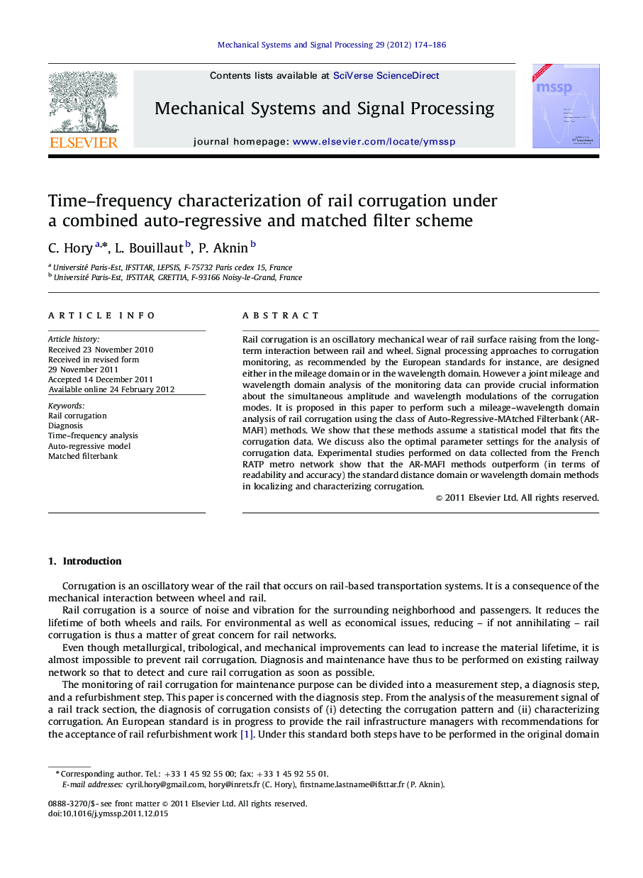 Time–frequency characterization of rail corrugation under a combined auto-regressive and matched filter scheme