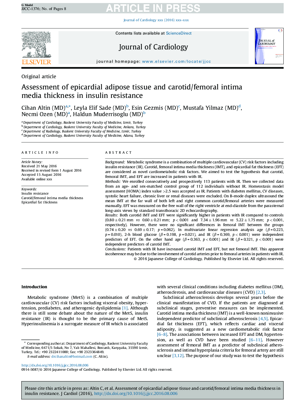 Assessment of epicardial adipose tissue and carotid/femoral intima media thickness in insulin resistance