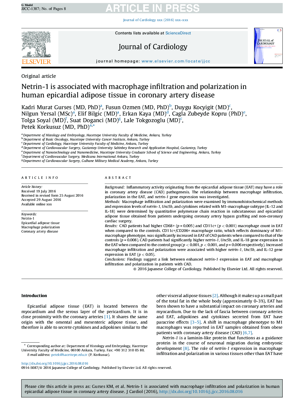 Netrin-1 is associated with macrophage infiltration and polarization in human epicardial adipose tissue in coronary artery disease