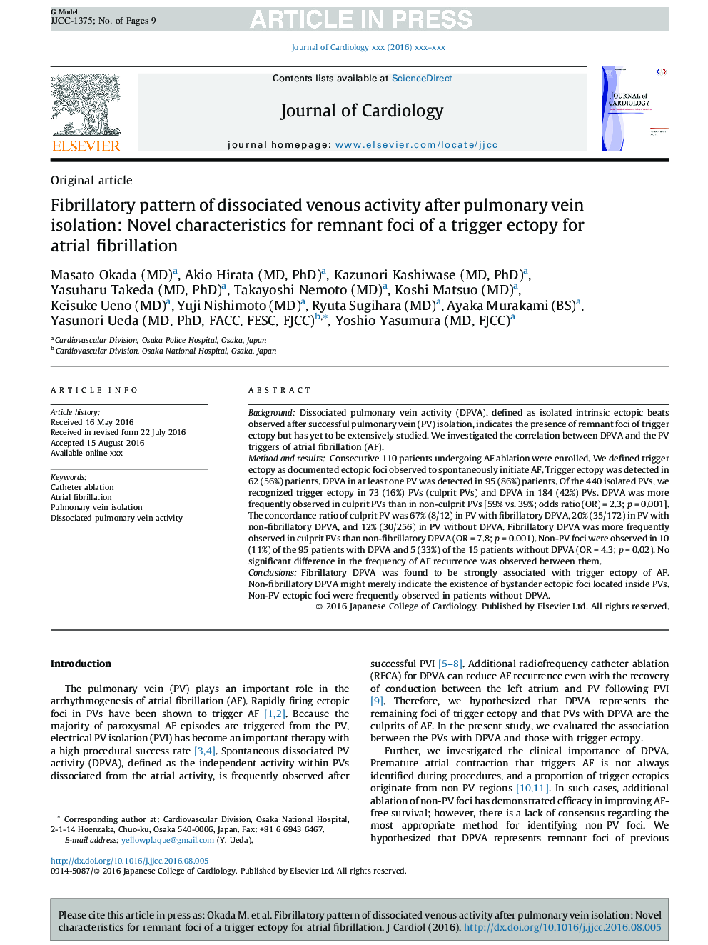 Fibrillatory pattern of dissociated venous activity after pulmonary vein isolation: Novel characteristics for remnant foci of a trigger ectopy for atrial fibrillation