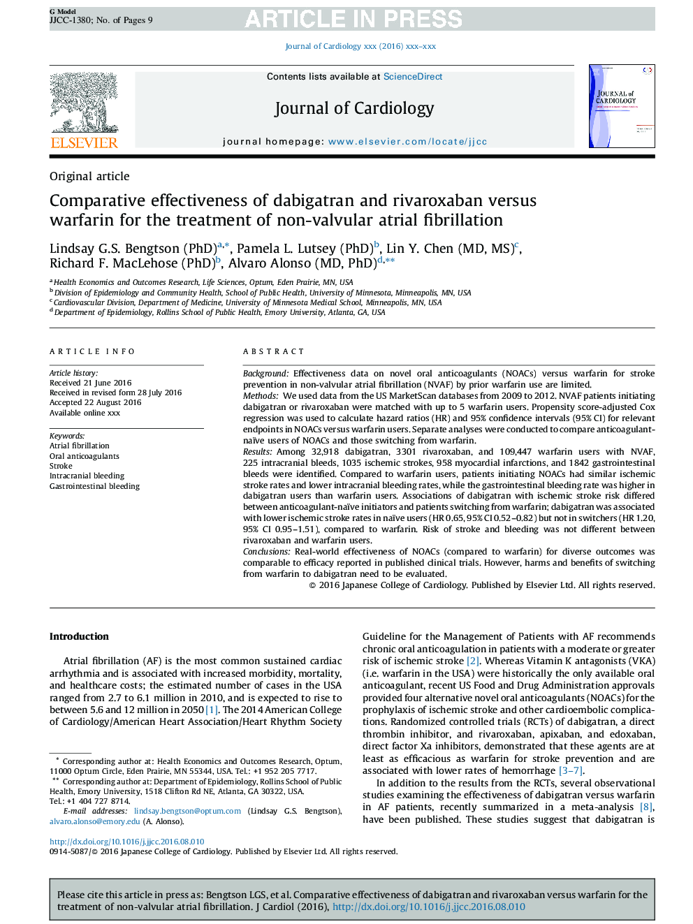 Comparative effectiveness of dabigatran and rivaroxaban versus warfarin for the treatment of non-valvular atrial fibrillation