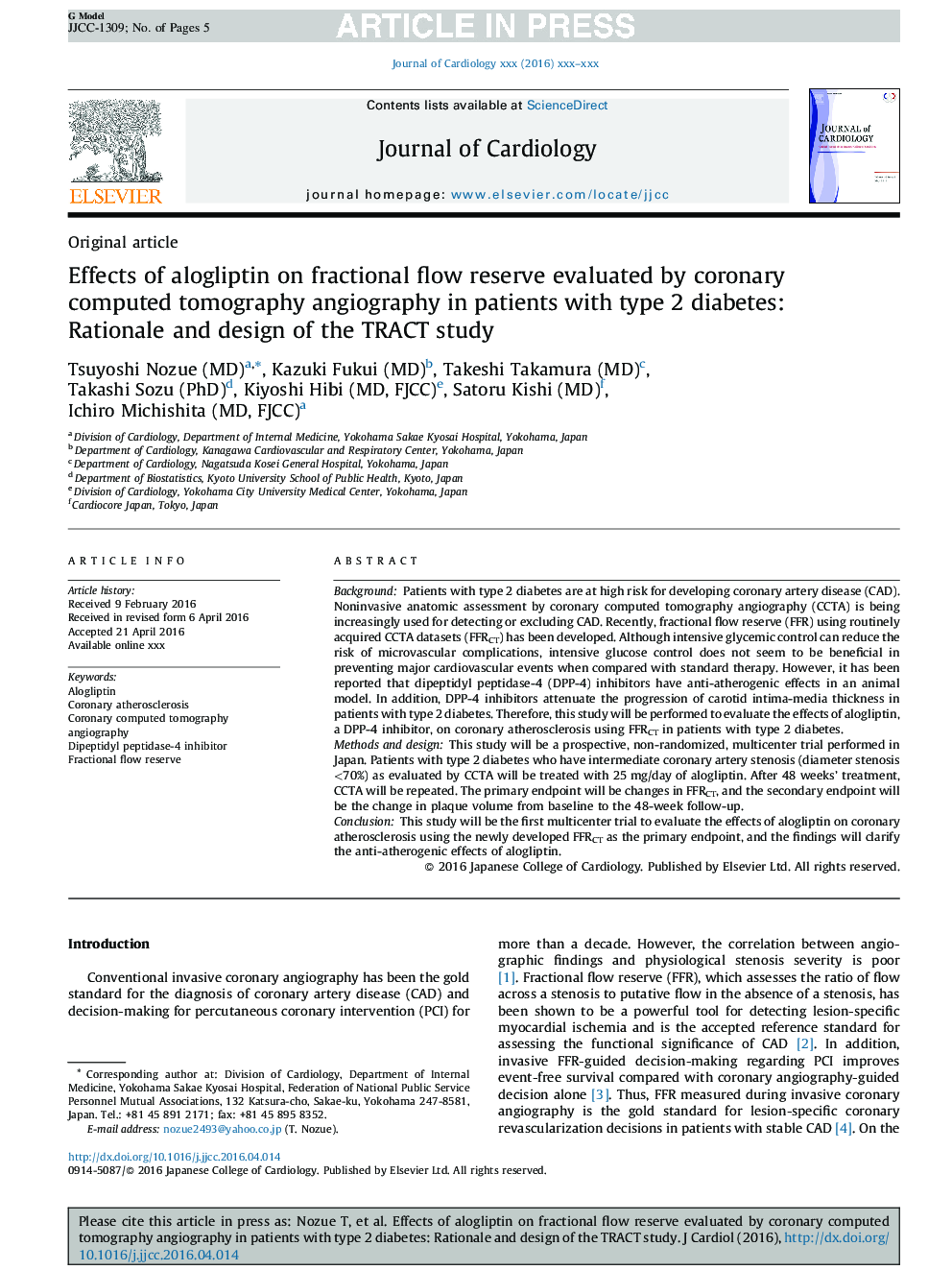 Effects of alogliptin on fractional flow reserve evaluated by coronary computed tomography angiography in patients with type 2 diabetes: Rationale and design of the TRACT study