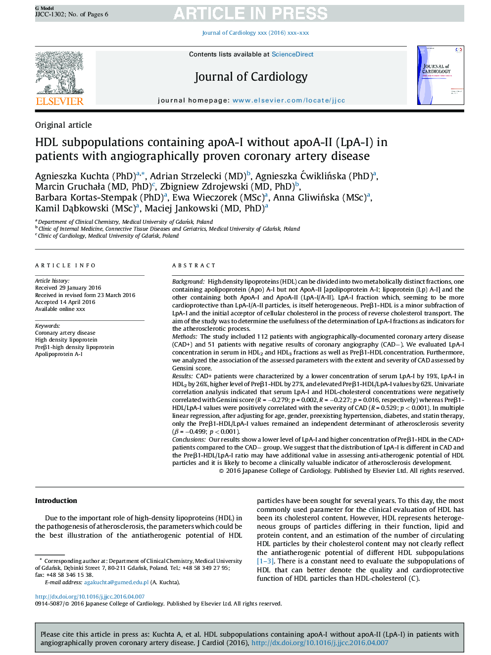 HDL subpopulations containing apoA-I without apoA-II (LpA-I) in patients with angiographically proven coronary artery disease