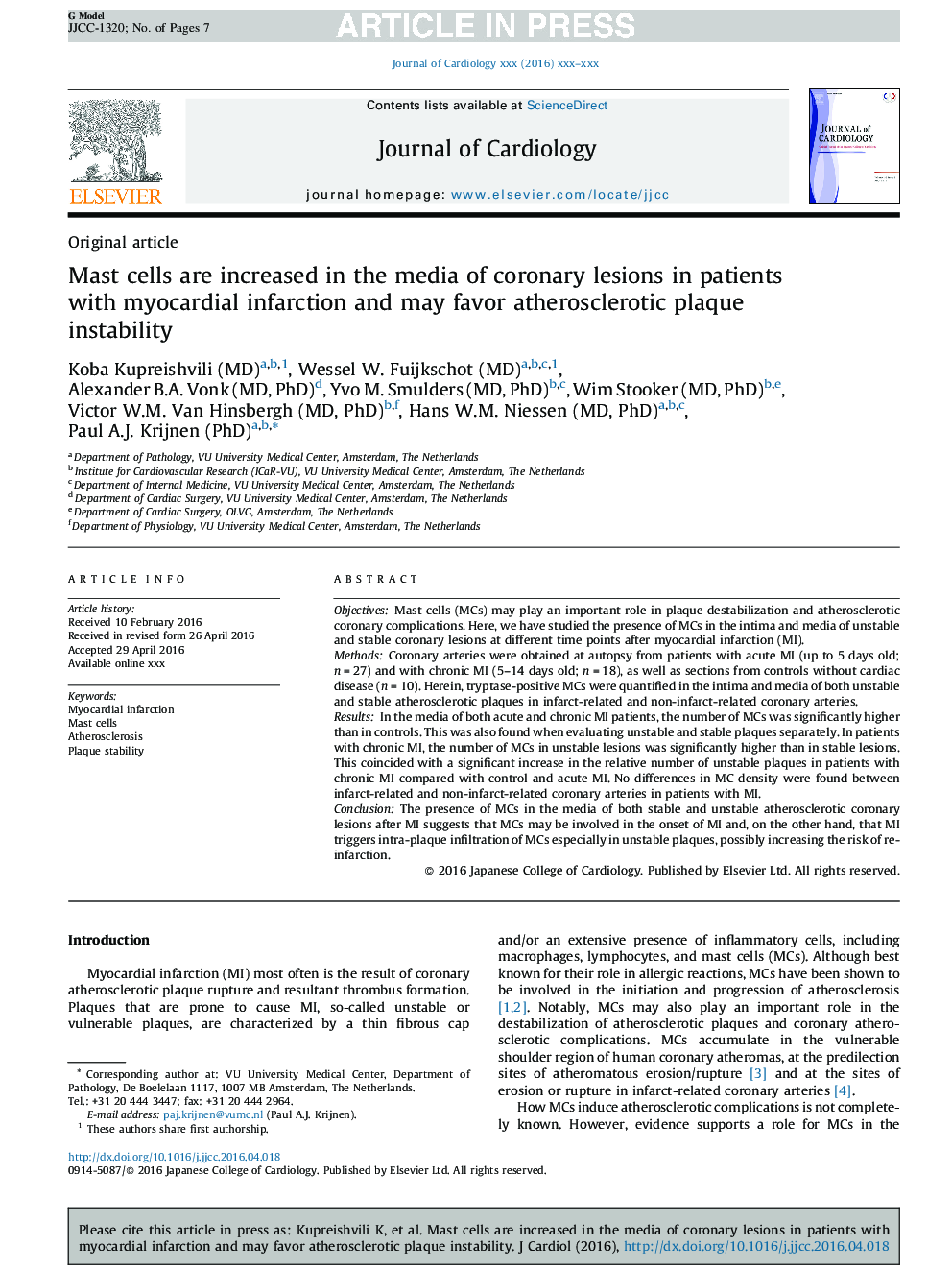 Mast cells are increased in the media of coronary lesions in patients with myocardial infarction and may favor atherosclerotic plaque instability