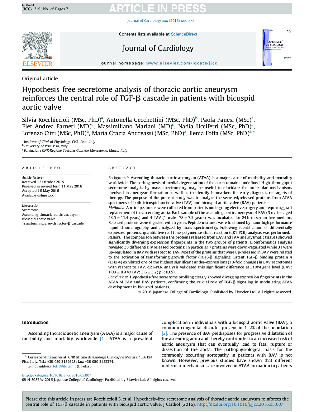 Hypothesis-free secretome analysis of thoracic aortic aneurysm reinforces the central role of TGF-Î² cascade in patients with bicuspid aortic valve