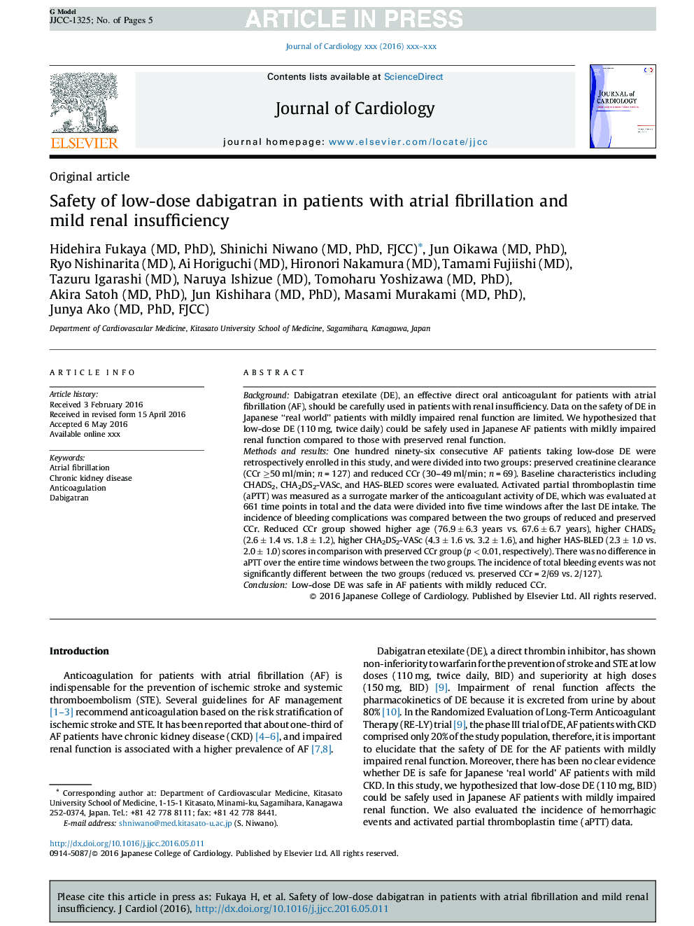 Safety of low-dose dabigatran in patients with atrial fibrillation and mild renal insufficiency