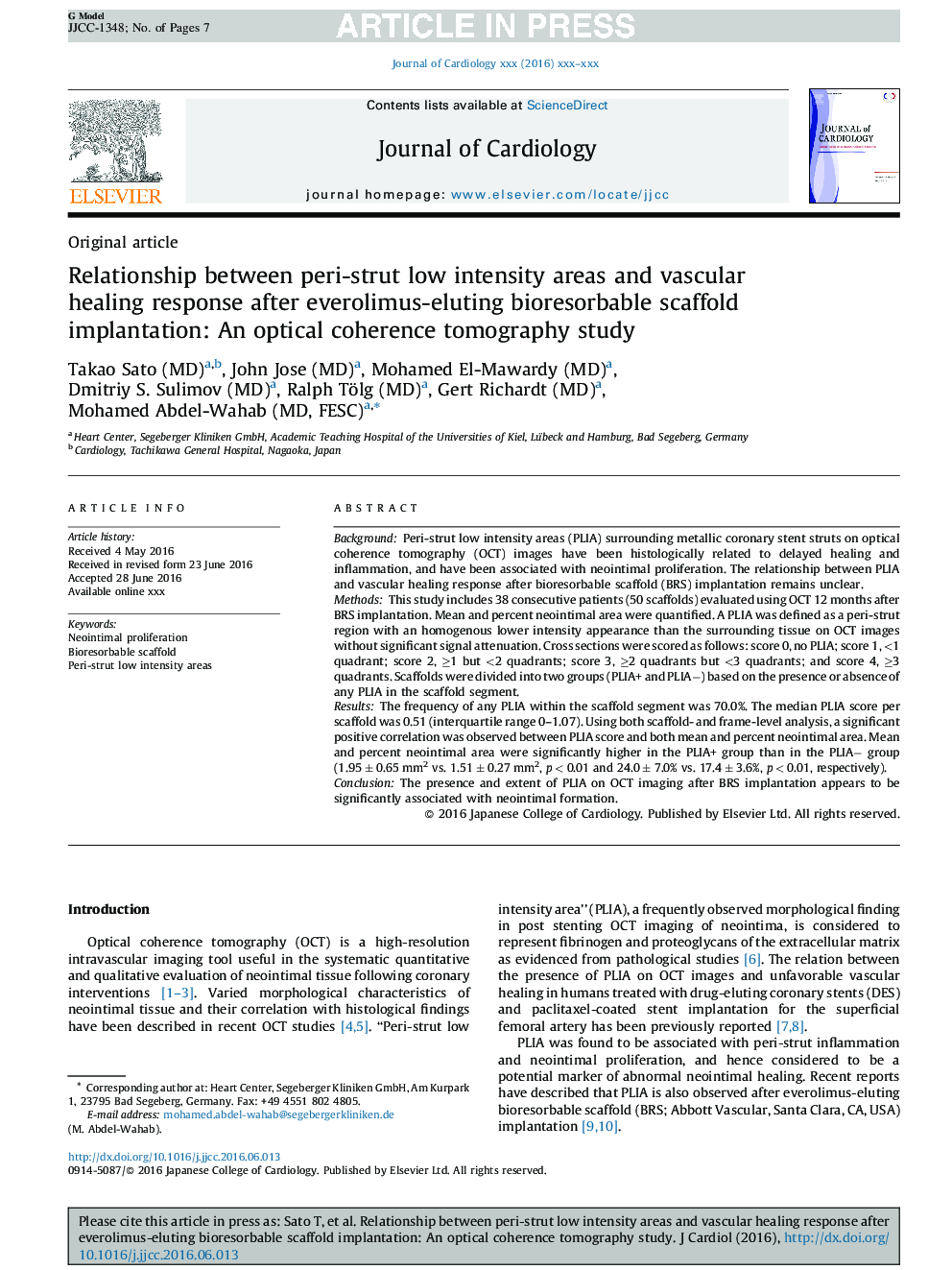 Relationship between peri-strut low intensity areas and vascular healing response after everolimus-eluting bioresorbable scaffold implantation: An optical coherence tomography study