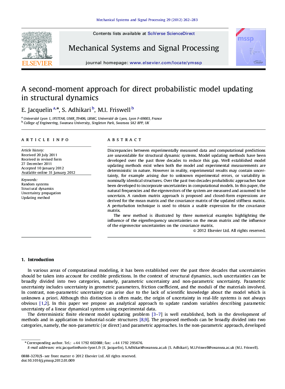 A second-moment approach for direct probabilistic model updating in structural dynamics