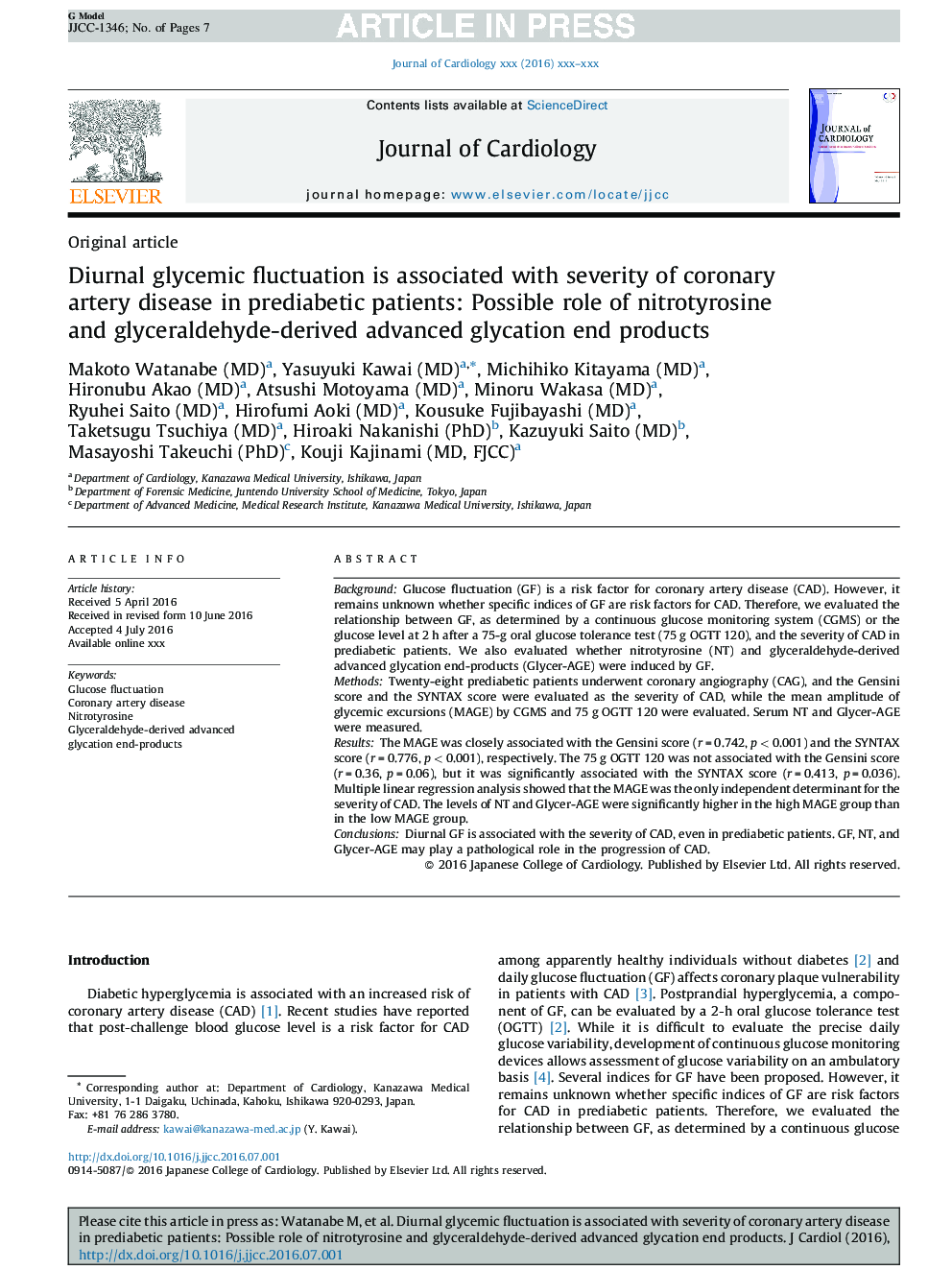 Diurnal glycemic fluctuation is associated with severity of coronary artery disease in prediabetic patients: Possible role of nitrotyrosine and glyceraldehyde-derived advanced glycation end products