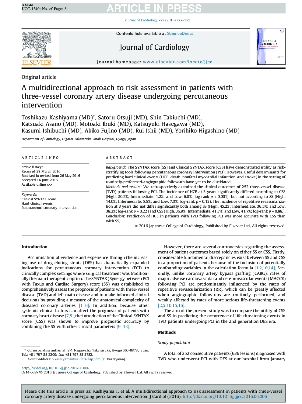 A multidirectional approach to risk assessment in patients with three-vessel coronary artery disease undergoing percutaneous intervention