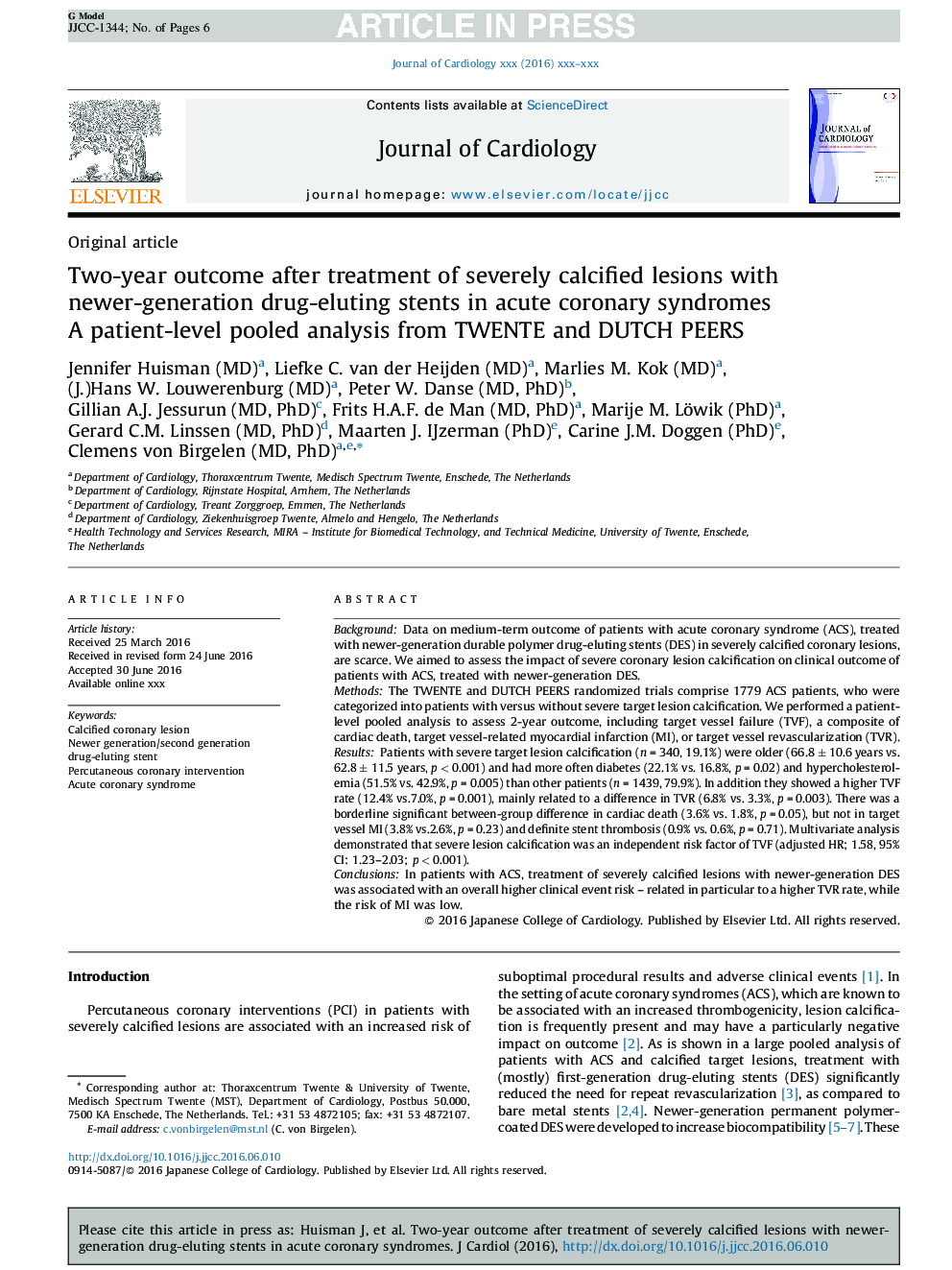 Two-year outcome after treatment of severely calcified lesions with newer-generation drug-eluting stents in acute coronary syndromes