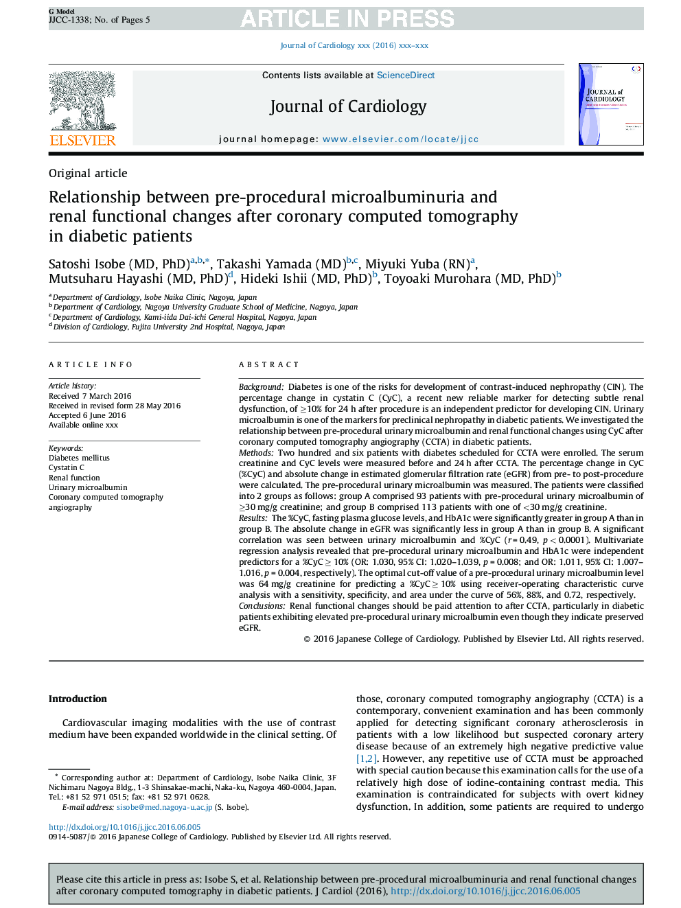 Relationship between pre-procedural microalbuminuria and renal functional changes after coronary computed tomography in diabetic patients