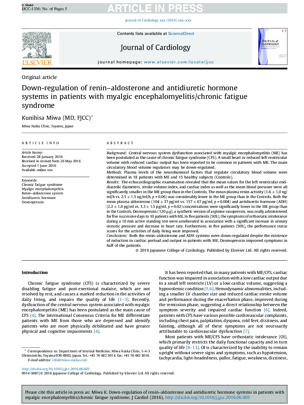 Down-regulation of renin-aldosterone and antidiuretic hormone systems in patients with myalgic encephalomyelitis/chronic fatigue syndrome