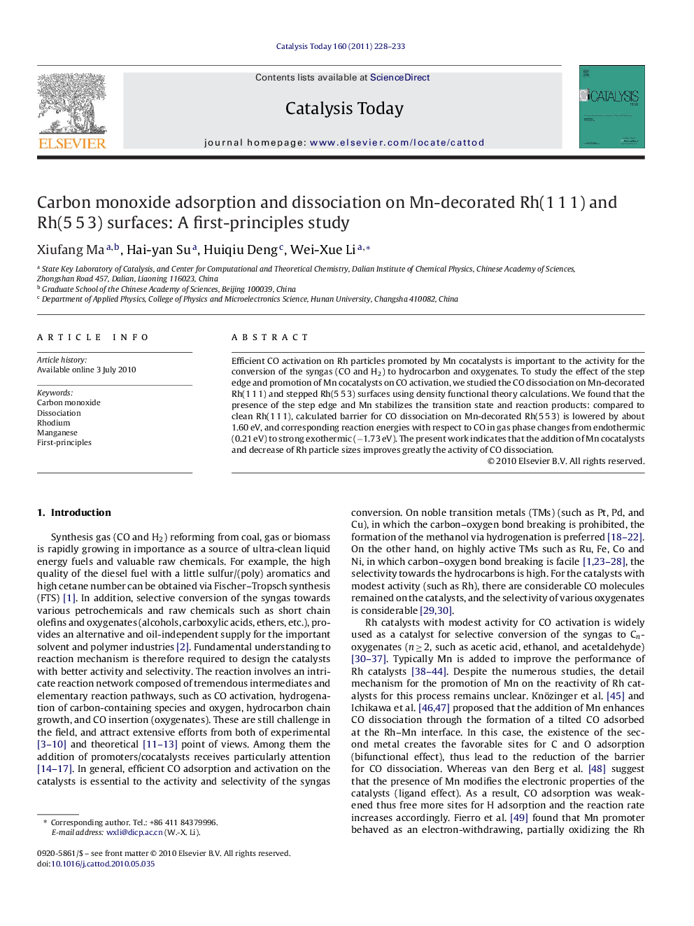 Carbon monoxide adsorption and dissociation on Mn-decorated Rh(1 1 1) and Rh(5 5 3) surfaces: A first-principles study