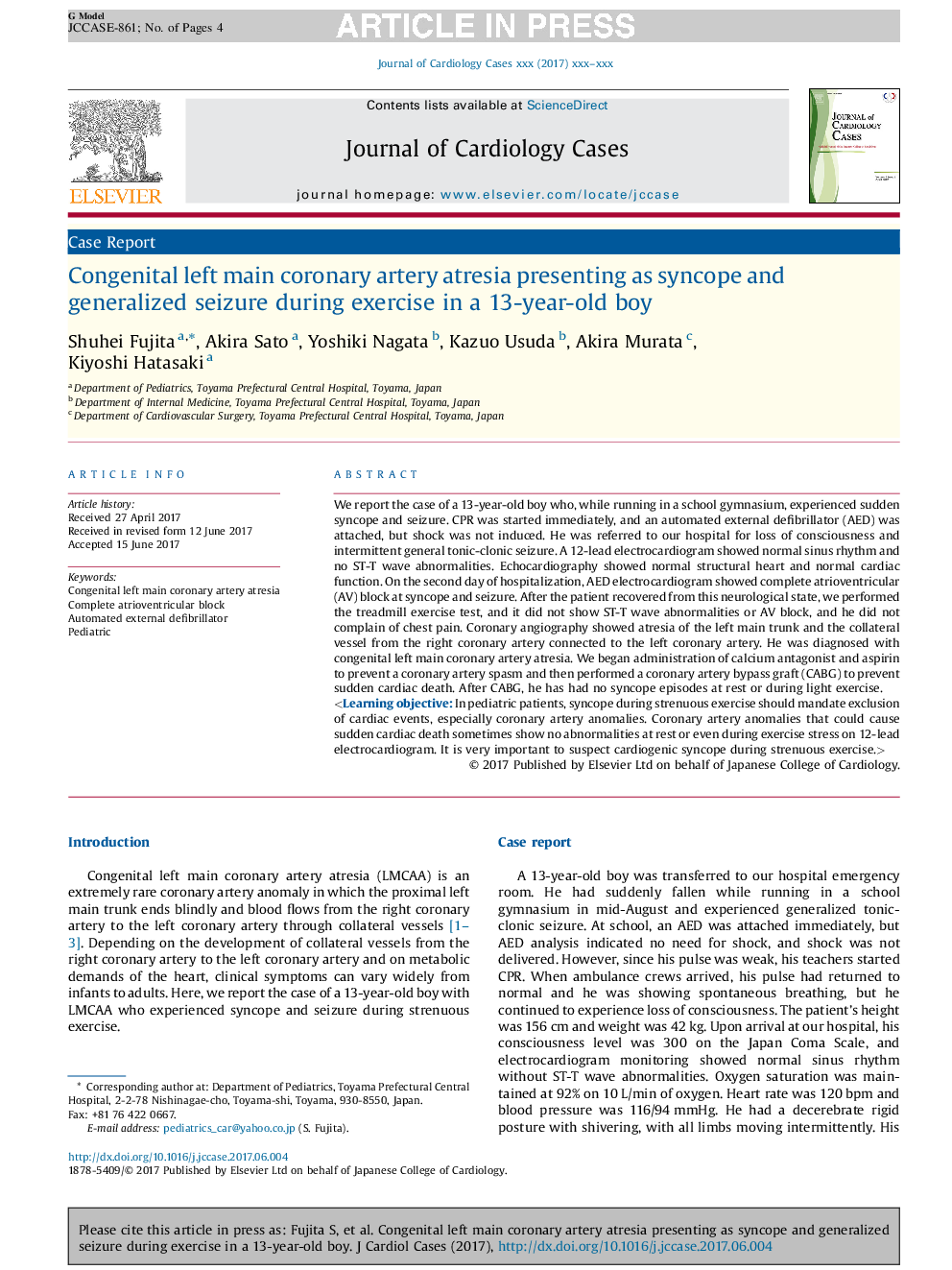 Congenital left main coronary artery atresia presenting as syncope and generalized seizure during exercise in a 13-year-old boy