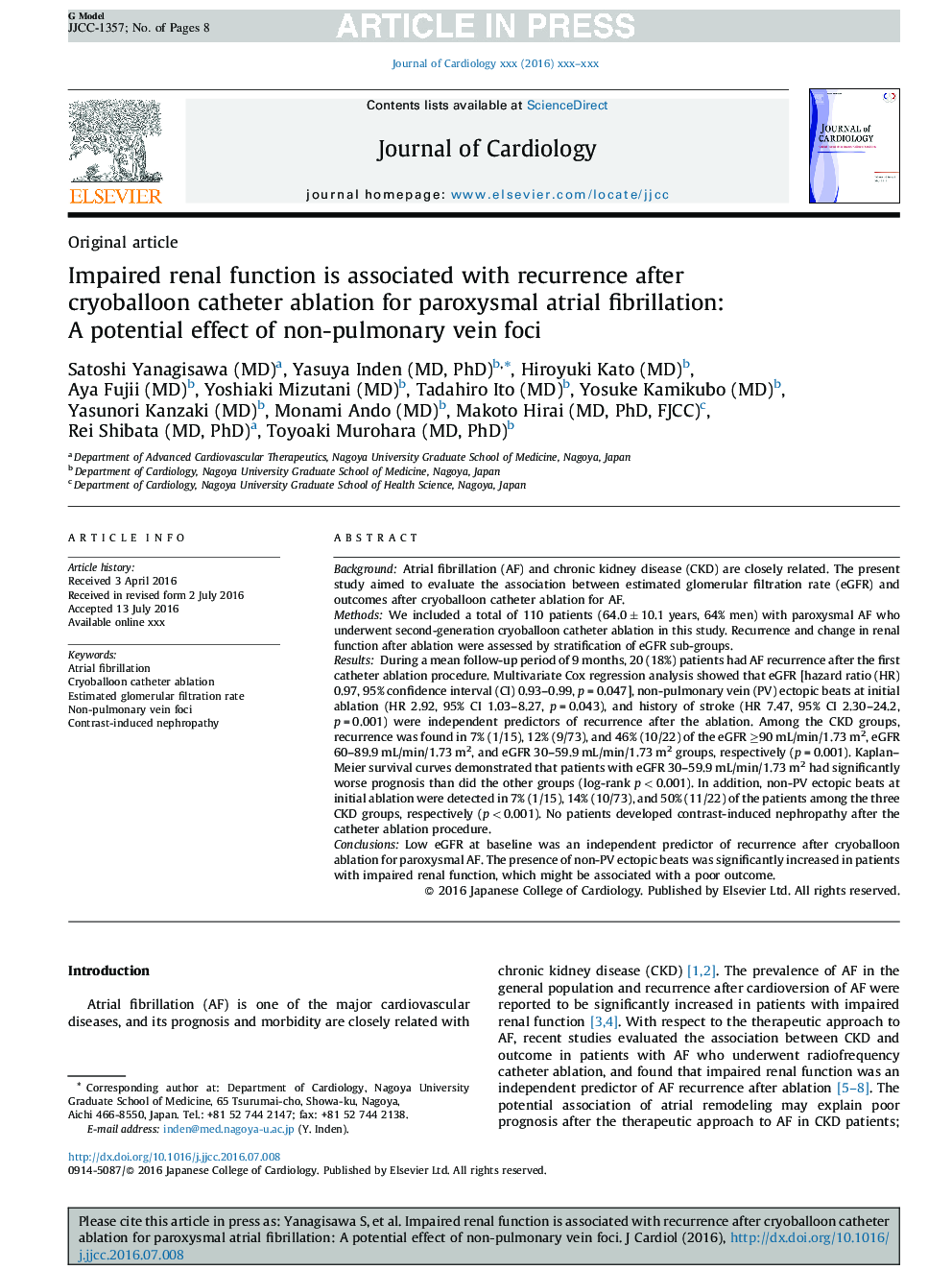 Impaired renal function is associated with recurrence after cryoballoon catheter ablation for paroxysmal atrial fibrillation: A potential effect of non-pulmonary vein foci