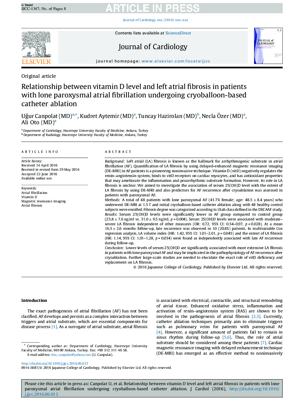 Relationship between vitamin D level and left atrial fibrosis in patients with lone paroxysmal atrial fibrillation undergoing cryoballoon-based catheter ablation