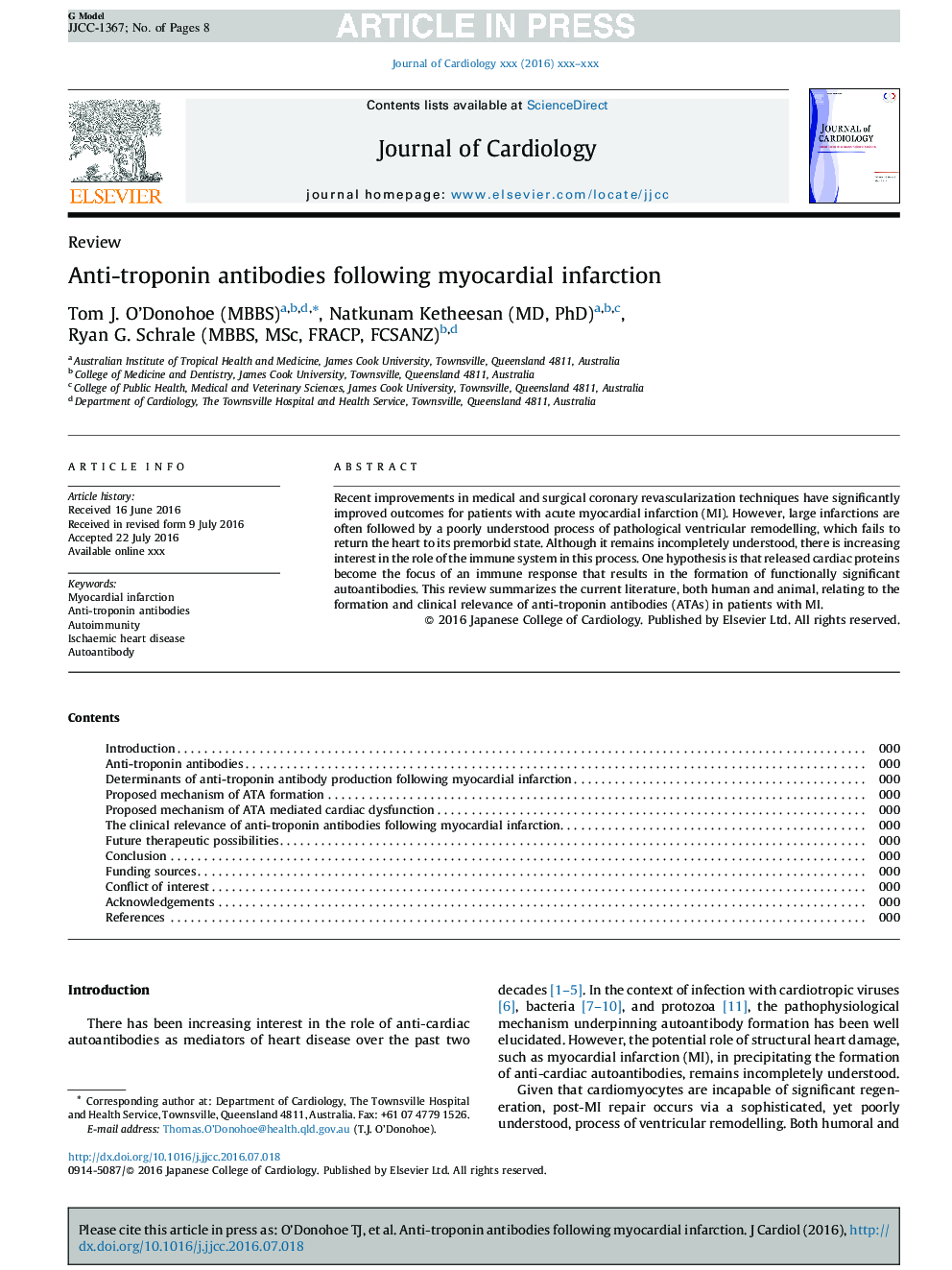 Anti-troponin antibodies following myocardial infarction