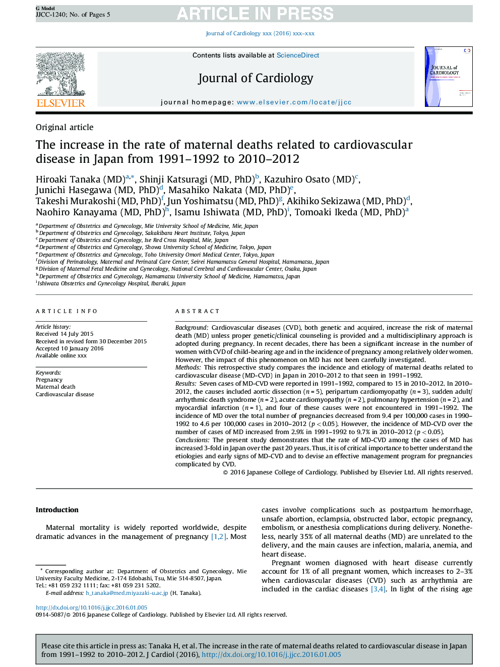 The increase in the rate of maternal deaths related to cardiovascular disease in Japan from 1991-1992 to 2010-2012