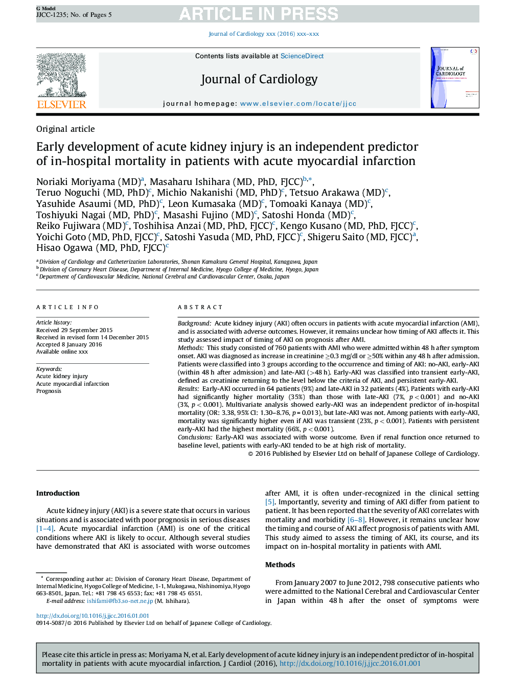 Early development of acute kidney injury is an independent predictor of in-hospital mortality in patients with acute myocardial infarction